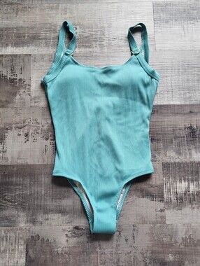 Mae One Piece Swimsuit Size Small NWOT Ribbed Knit Open Back Scoop Neck Aqua